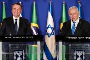 Presidente Jair Bolsonaro e premiê israelense, Benjamin Netanyahu, anunciam escritório de negócios brasileiro em Jerusalém. (Foto: Yoav Dudkowitz)